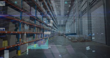 Depodaki finansal veri işleme görüntüsü. küresel iş, veri işleme, dijital arayüz, teknoloji ve gönderme konsepti dijital olarak oluşturuldu.