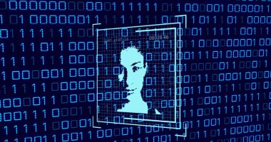 Donanma arkaplanındaki kullanıcı fotoğrafı ve ikili kod. Sosyal medya, ağ ve teknoloji konsepti dijital olarak oluşturuldu.