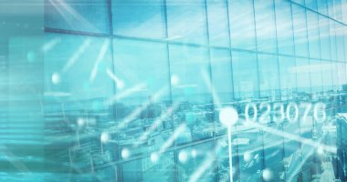 Modern bina ve şehir manzarası üzerinde tıbbi veri işleme resmi. küresel bilim, tıp, teknoloji ve dijital arayüz kavramı dijital olarak oluşturulmuş görüntü.