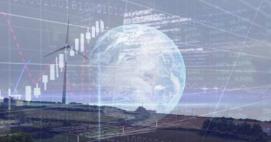 Rüzgar çiftliği ve dünya üzerindeki bağlantı ve bilgi işleme ağının görüntüsü. küresel iletişim teknolojisi, ekoloji ve bilgi paylaşım konsepti, dijital olarak oluşturulmuş görüntü.