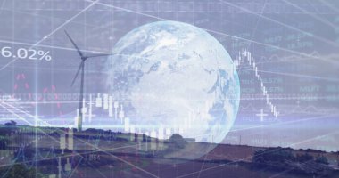 Rüzgar çiftliği ve dünya üzerindeki bağlantı ve bilgi işleme ağının görüntüsü. küresel iletişim teknolojisi, ekoloji ve bilgi paylaşım konsepti, dijital olarak oluşturulmuş görüntü.