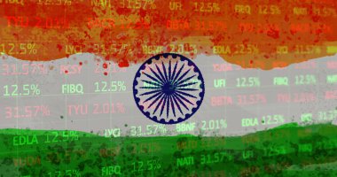Hindistan bayrağı üzerinde finansal veri işleme bileşimi. küresel koronavirüs salgını ve Hindistan sağlık krizi konsepti dijital olarak oluşturulmuş görüntü.