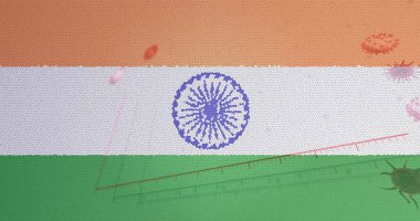 Covid 19 hücrenin bileşimi ve Hint bayrağı üzerindeki istatistikler. küresel covid 19 salgın Hindistan sağlık krizi dijital olarak üretilen görüntü konsepti.