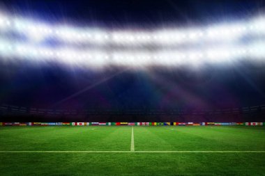 dijital olarak oluşturulan futbol sahası ile Dünya Kupası bayrakları
