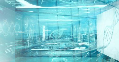 Modern bina ve şehir manzarası üzerinde tıbbi veri işleme resmi. küresel bilim, tıp, teknoloji ve dijital arayüz kavramı dijital olarak oluşturulmuş görüntü.