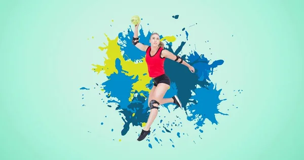 Focado Jogador Feminino Caucasiano Jogando Handebol Abstrato Colorido Fundo Turquesa — Fotografia de Stock