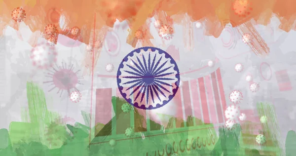 インドの国旗に関する19個の細胞と統計からなる グローバルCovid 19パンデミックインドの医療危機の概念デジタル的に生成された画像 — ストック写真