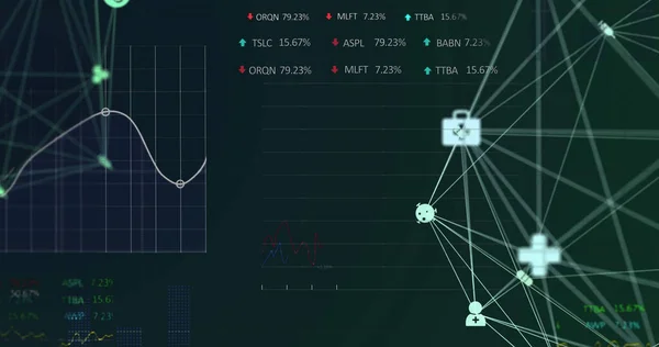 Globen Medicinska Ikoner Snurrar Mot Aktiemarknaden Databehandling Mot Svart Bakgrund — Stockfoto