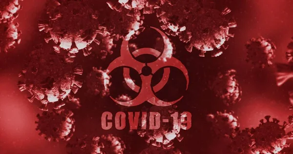 Biohazard Symbol Covid Text Multiple Covid Cells Red Background — Stock Photo, Image