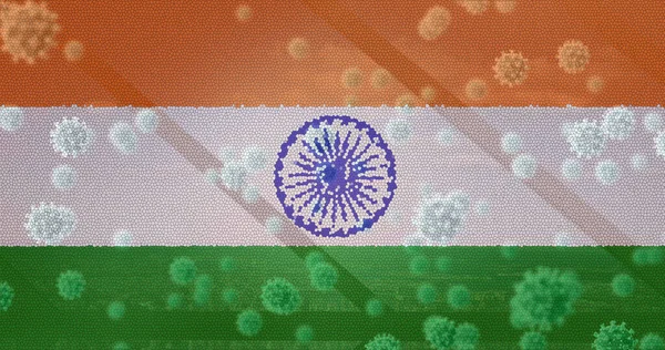 インドの旗の上にコヴィト19細胞の構成 世界的なコロナウイルスパンデミックインドの医療危機の概念デジタル的に生成された画像 — ストック写真