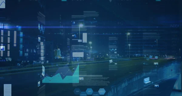 Image of statistics and financial data processing over cityscape. global business, finances, data processing and connections concept digitally generated image.