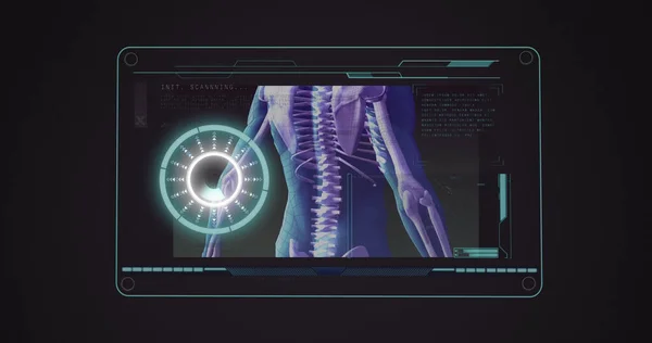 Image of scope scanning and human body spinning on screen. global medicine, research, technology, data processing and digital interface concept digitally generated image.