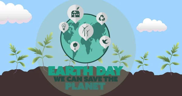 Image of earth day text and green globe logo over plants and blue sky background. global conservation and green awareness concept digitally generated image.