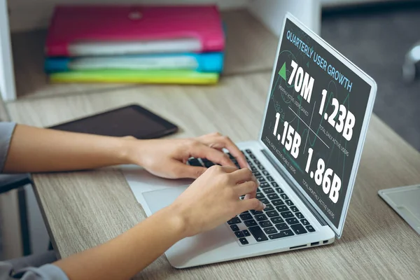 Mãos Empresária Caucasiana Usando Laptop Com Números Crescimento Usuário Tela — Fotografia de Stock
