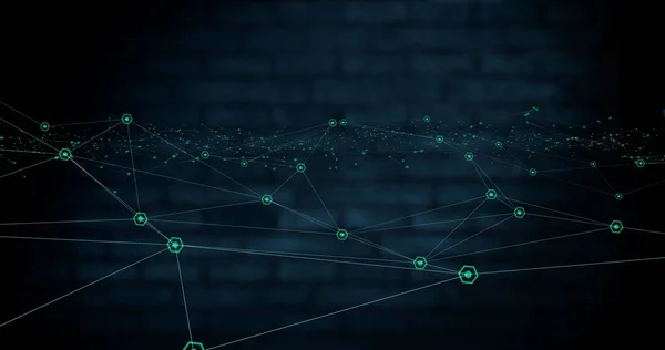 Bild Des Netzwerks Von Verbindungen Datenverarbeitung Über Ziegelmauer Globale Technologie — Stockfoto