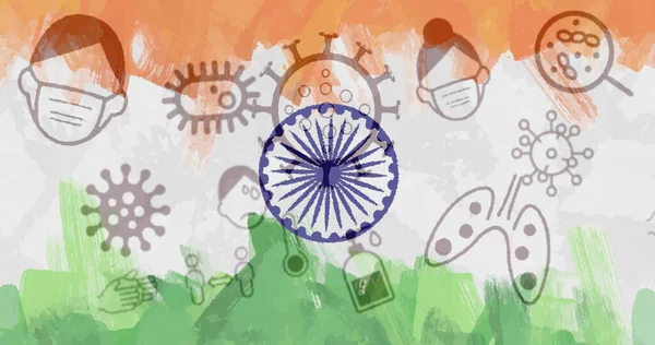 在印度国旗上有19个细胞图标 全球头孢病毒大流行病印地安人医疗保健危机概念数字化生成的图像 — 图库照片