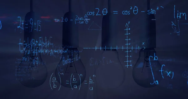 Изображение Лампочек Научными Формулами Обработкой Данных Наука Идеи Исследовательская Концепция — стоковое фото
