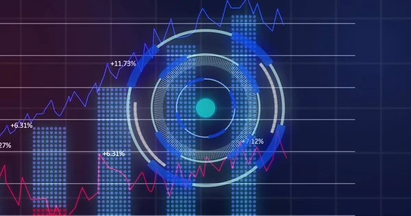 Financial Data Processing Grid Networking Neon Scanner Blue Background Business — ストック写真