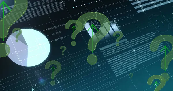 Image of green question marks flying over statistics recording on blue background. global networking, technology and digital interface concept digitally generated image.