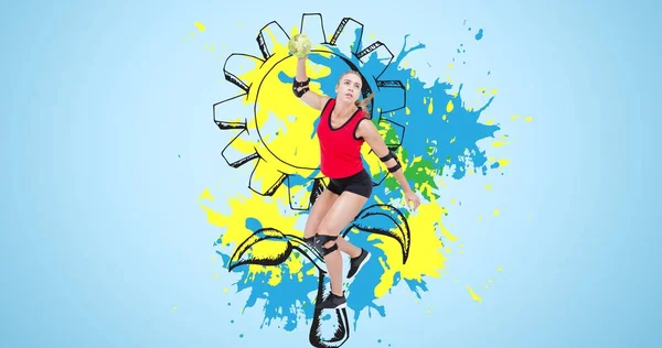 Caucasian Female Handball Player Throwing Ball Colorful Abstract Patterns Blue — Stock Photo, Image