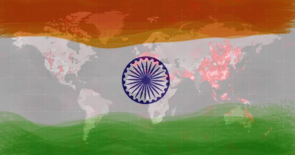 在印度国旗和世界地图上有19个细胞 全球联盟19大流行病印地安人保健危机概念数字生成图像 — 图库照片