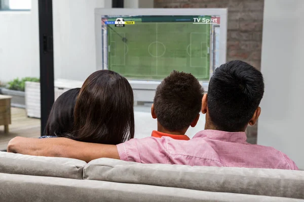 Mutlu Aile Kanepede Televizyon Izlerken Arka Görünümü — Stok fotoğraf