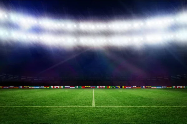 Campo Futebol Gerado Digitalmente Com Bandeiras Copa Mundo — Fotografia de Stock