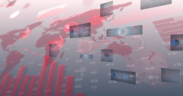 Image of covid 19 cells, red arrow with scopes and data processing on screens over world map. global coronavirus pandemic, medicine and digital interface concept digitally generated image.