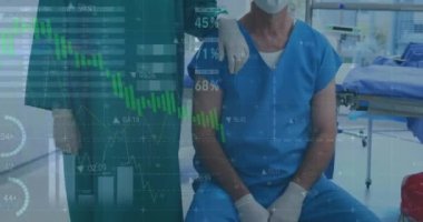 Ameliyathanede erkek ve kadın cerrahın portresi üzerinde veri işleme animasyonu. Tıbbi sağlık ve teknoloji konsepti