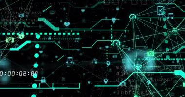 Animation of data processing and icons on black background. Global business and digital interface concept digitally generated video.