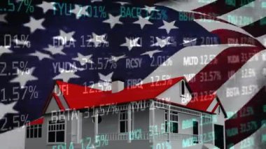 ABD bayrağı üzerinde veri işleme animasyonu. Küresel vatanseverlik ve dijital arayüz kavramı dijital olarak oluşturulmuş video.