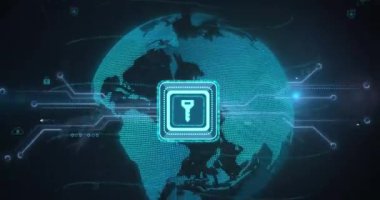 Dünya üzerindeki anahtar simgenin animasyonu. Küresel iş ve dijital arayüz kavramı dijital olarak oluşturulmuş video.