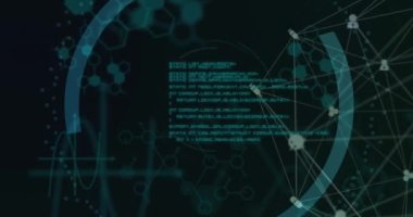 Ortam simgeleri üzerinde asma kilit simgesi ve veri işleme animasyonu. Küresel iş ve dijital arayüz kavramı dijital olarak oluşturulmuş video.