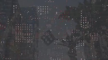 Zıplayan zar ve yüksek binalara karşı finansal veri işleme üzerindeki noktaların animasyonu. Bilgisayar arayüzü ve iş teknolojisi kavramı