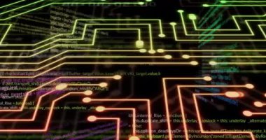 Veri işleme animasyonu ve siyah arkaplan üzerindeki çizgiler. Küresel iş ve dijital arayüz kavramı dijital olarak oluşturulmuş video.