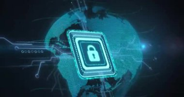 Dünya üzerindeki asma kilit ikonunun animasyonu. Küresel iş ve dijital arayüz kavramı dijital olarak oluşturulmuş video.