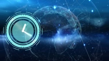Animation of neon ticking clock and light trails over spinning globe against blue background. Global networking and business technology concept