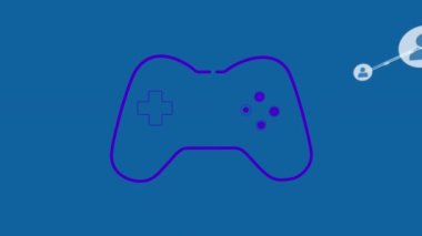 Mavi arkaplana karşı video oyunu denetleyici simgesi üzerinde profil simgeleri ağının canlandırılması. Video oyunu arayüzü ve küresel ağ teknolojisi kavramı