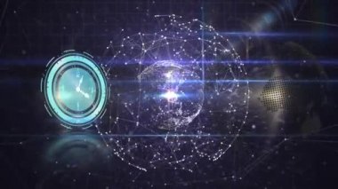 Neon saatinin animasyonu ve siyah arkaplana karşı bağlantı ağının küresi. Küresel ağ ve iş teknolojisi kavramı