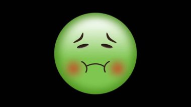 Siyah arkaplanda kırmızı noktaların yeşil endişeli emoji simgesi üzerinde canlandırması. Küresel sosyal medya, bağlantılar ve dijital olarak oluşturulan iletişim videosu.