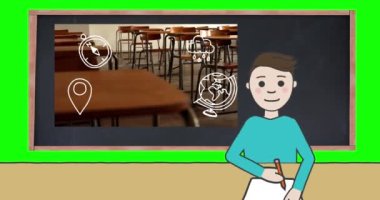 Eğitim ikonları ve sınıfları üzerinde beyaz öğrencilerin canlandırılmasının canlandırması. Eğitim ve öğrenme kavramı dijital olarak oluşturulmuş video.