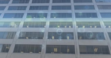 Bina üzerinde veri işleme animasyonu. Küresel iş, finans ve dijital arayüz kavramı dijital olarak oluşturulmuş video.