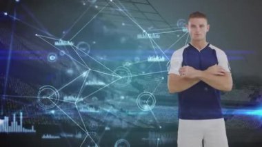 Beyaz erkek futbolcu üzerinden veri işleme ve stadyum animasyonu. Küresel spor ve dijital arayüz kavramı dijital olarak oluşturulmuş video.