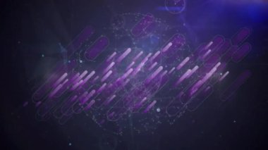 Mor ışık yollarının mavi arkaplan ile bağlantılı ağlar üzerinde animasyonu. Küresel ağ ve iş teknolojisi kavramı