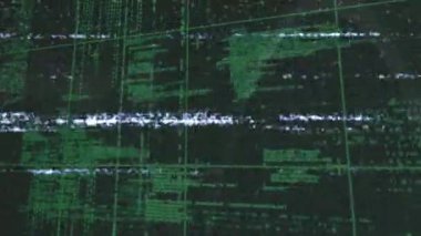 Yeşil arkaplandaki şebeke üzerinden veri işlemeye karşı hatalı etki animasyonu. Bilgisayar arayüzü ve iş teknolojisi kavramı