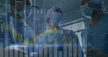 Hastanede ameliyat yapan cerrah takımının istatistiksel veri işleme animasyonu. Tıbbi sağlık ve teknoloji konsepti