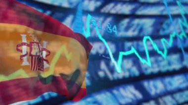 İspanya bayrağı üzerinde veri işleme animasyonu. Küresel iş, finans ve dijital arayüz kavramı dijital olarak oluşturulmuş video.
