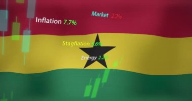 Gana bayrağı üzerinde veri işleme animasyonu. Küresel iş, finans ve dijital arayüz kavramı dijital olarak oluşturulmuş video.