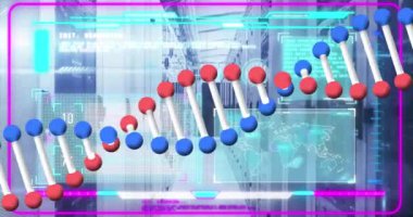 Bilgisayar sunucuları üzerinde DNA iplikçiklerinin dönmesi ve veri işleme animasyonu. Küresel hesaplama, bilim ve veri işleme kavramı dijital olarak oluşturulmuş video.