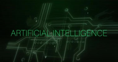 Veri işleme üzerine yapay zeka metninin animasyonu. Küresel iş ve dijital arayüz kavramı dijital olarak oluşturulmuş video.